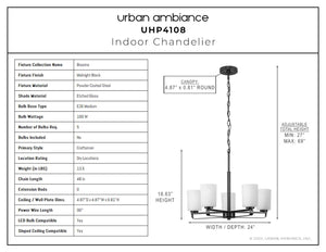 A diagram showing the dimensions of a unique UHP4108 Modern Chandelier by Urban Ambiance.