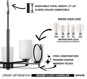A diagram showing how to install a luxury lighting fixture, the Urban Ambiance UHP4108 Modern Chandelier 18.625''H x 24''W, Midnight Black Finish, Broome
