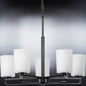 Four UHP4108 Modern Chandelier with beautiful white shades on a black background by Urban Ambiance.