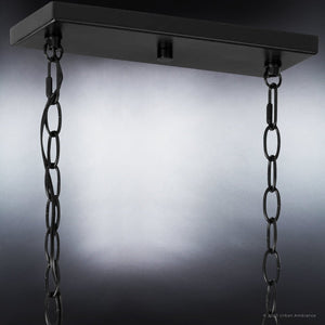 The UHP4109 XL Modern Chandelier (14.5''H x 39.75''W) from Urban Ambiance's Broome Collection features a rectangular black metal plate and two chains in a midnight black finish, radiating modern elegance and expert craftsmanship.
