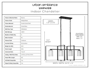 Product information sheet for the Urban Ambiance Broome Collection UHP4109 XL Modern Chandelier, 14.5''H x 39.75''W, Midnight Black Finish, includes dimensions, specs, and a line drawing of the four-light rectangular fixture.