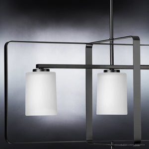 Close-up of the Urban Ambiance UHP4109 XL Modern Chandelier from the Broome Collection, featuring a midnight black finish and two white frosted glass shades, 14.5''H x 39.75''W, set against a gradient gray background.