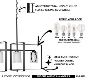 The Urban Ambiance UHP4109 XL Broome Collection Chandelier features a rectangular design in midnight black, four frosted glass shades, steel construction, adjustable hanging height, and suits multiple bulb types. Size: 14.5''H x 39.75''W.