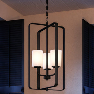 A unique Modern Chandelier from the Broome Collection by Urban Ambiance, hanging over a room with black shutters.