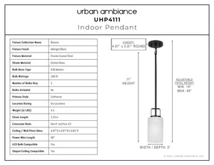A unique diagram showing the dimensions of an Urban Ambiance Modern Pendant 11''H x 5''W, Midnight Black Finish, from the Broome Collection.