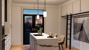 A rendering of a beautiful kitchen with a unique Urban Ambiance UHP4111 Modern Pendant 11''H x 5''W, midnight black finish, Broome Collection marble counter top.