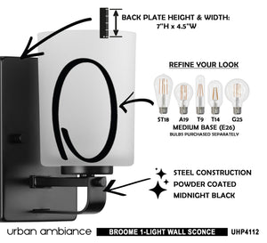 An Urban Ambiance UHP4112 Modern Wall Sconce 8''H x 4.5''W, Midnight Black Finish, Broome Collection with unique instructions on how to use it