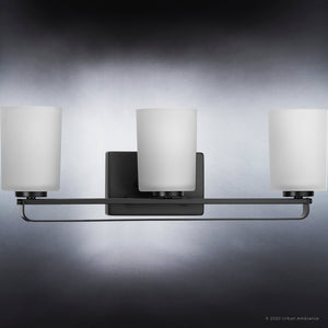 Three beautiful UHP4114 Modern Bath Light 7.625''H x 23''W, Midnight Black Finish, Broome Collection with white glass shades by Urban Ambiance.