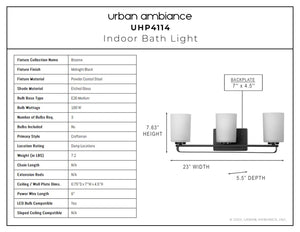 A beautiful diagram showing the dimensions of the Modern Bath Light 7.625''H x 23''W, Midnight Black Finish, Broome Collection by Urban Ambiance.