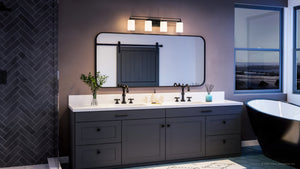 A bathroom with a gorgeous Urban Ambiance UHP4115 Modern Bath Light 7.625''H x 32.5''W, Midnight Black Finish, Broome Collection tub, sink and