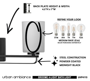 A unique diagram showing how to install the gorgeous UHP4115 Modern Bath Light 7.625''H x 32.5''W, Midnight Black Finish, Broome Collection by