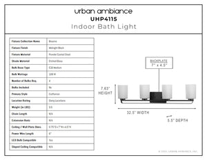 A diagram showing the dimensions of a luxury lighting fixture - Urban Ambiance UHP4115 Modern Bath Light 7.625''H x 32.5''W, Midnight Black Finish