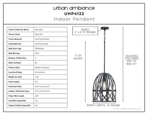 A diagram displaying the dimensions of the beautiful Urban Ambiance UHP4122 lighting fixture.