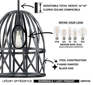 A luxury lighting fixture, the UHP4122 Farmhouse Pendant 17.25''H x 14''W in Black Oak Finish from the Bairnsdale Collection by Urban Ambiance