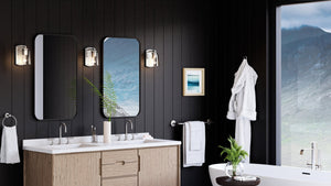 A luxury bathroom with black walls and a UHP4140 Traditional Wall Sconce 7.75''H x 4.5''W, Brushed Nickel Finish from Urban Ambiance bathtub