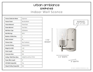 A diagram showing the dimensions of a luxury brushed nickel indoor wall sconce from the Esperance Collection by Urban Ambiance.
