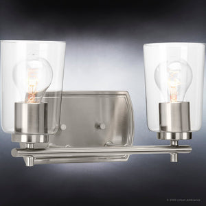 A beautiful lighting fixture with two unique UHP4141 Traditional Bath Light 7.625''H x 13.875''W, Brushed Nickel Finish, Esperance Collection glass bulbs