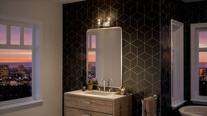 An Urban Ambiance UHP4141 Traditional Bath Light with a gorgeous view of a city.