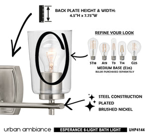 A picture of a UHP4144 Traditional Bath Light 7.625''H x 48.5''W, Brushed Nickel Finish, Esperance Collection with instructions on how to use it