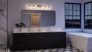 A beautiful Urban Ambiance bathroom with black and white tile and a UHP4144 Traditional Bath Light 7.625''H x 48.5''W, Brushed Nickel Finish