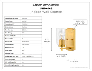 Urban Ambiance UHP4145 Traditional Wall Sconce 7.75''H x 4.5''W, Satin Gold Finish, Esperance Collection - Gorgeous wall sconce