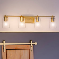 A unique lighting fixture with a barn door for an urban ambiance bathroom.