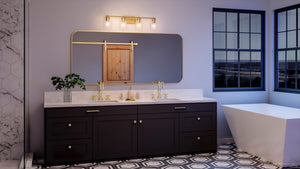 A bathroom with a gorgeous Urban Ambiance UHP4148 Traditional Bath Light 7.625''H x 32''W, Satin Gold Finish lighting fixture and Esperance Collection tiled floor.