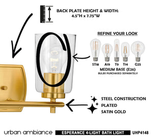 A beautiful image of a luxury bathroom with a UHP4148 Traditional Bath Light 7.625''H x 32''W, Satin Gold Finish, Esperance Collection by Urban