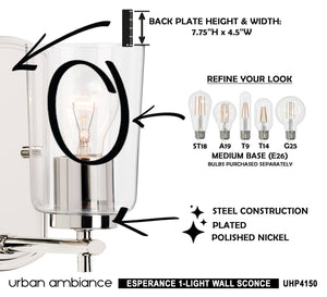 Urban Ambiance UHP4150 Traditional Wall Sconce is a beautiful lighting fixture with a luxury Polished Nickel Finish, from the Esperance Collection.