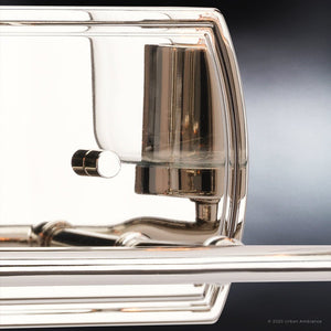 An Urban Ambiance bathroom mirror with a unique glass holder and built-in lighting fixture.
