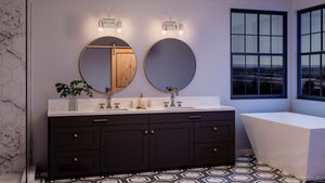 A luxurious bathroom with a unique UHP4151 Traditional Bath Light 7.625''H x 13.875''W, Polished Nickel Finish, Esperance Collection tiled floor.