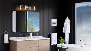 A modern bathroom with black walls and wooden floors is enhanced by the beautiful UHP4153 Traditional Bath Light 7.625''H x 32''W, Polished Nickel Finish from
