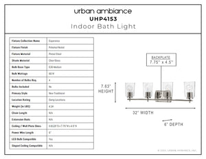A diagram showing the dimensions of a gorgeous Urban Ambiance UHP4153 Traditional Bath Light 7.625''H x 32''W, Polished Nickel Finish, Esperance Collection lamp.