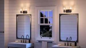 An Urban Ambiance bathroom with a unique lighting fixture featuring two UHP4155 Traditional Bath Lights 7.625''H x 13.875''W, Midnight Black Finish, Esperance Collection