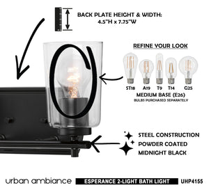 A luxury Urban Ambiance bathroom with a UHP4155 Traditional Bath Light 7.625''H x 13.875''W, Midnight Black Finish from the beautiful Esperance Collection
