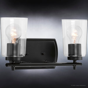 A beautiful UHP4155 Traditional Bath Light 7.625''H x 13.875''W, Midnight Black Finish lighting fixture with two glass bulbs by Urban Ambiance.