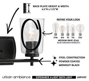 A stunning lighting fixture from the Urban Ambiance Esperance Collection, showcasing the gorgeous and luxurious Urban Ambiance UHP4157 Traditional Bath Light in Midnight Black Finish, with instructions included.