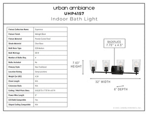 A diagram showing the dimensions of a gorgeous Urban Ambiance UHP4157 Traditional Bath Light 7.625''H x 32''W, Midnight Black Finish, Esperance Collection lighting fixture.