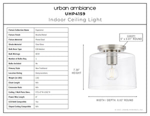 An UHP4159 Traditional Ceiling Light 7.375''H x 8.625''W, Brushed Nickel Finish, Esperance Collection indoor lighting fixture with a clear glass shade by Urban