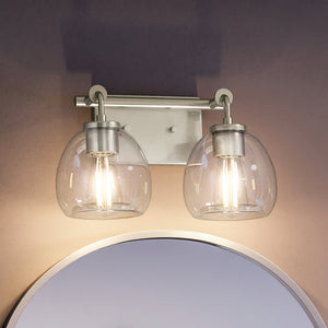 A bathroom with two unique Urban Ambiance UHP4181 Industrial Bath Lights 8.875''H x 14.625''W, Brushed Nickel Finish, Lithgow Collection and