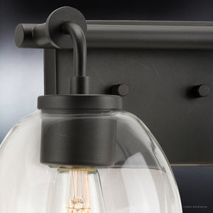 An Urban Ambiance UHP4187 Industrial Bath Light 8.875''H x 31.875''W, Charcoal Finish, Lithgow Collection with a unique and beautiful clear glass globe