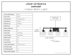 A gorgeous diagram showing the unique dimensions of an UHP4187 Industrial Bath Light 8.875''H x 31.875''W, Charcoal Finish, Lithgow Collection by