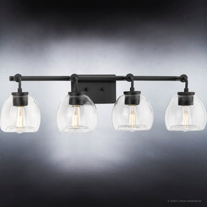 Four unique UHP4187 Industrial Bath Lights 8.875''H x 31.875''W with clear glass shades from the Lithgow Collection by Urban Ambiance.
