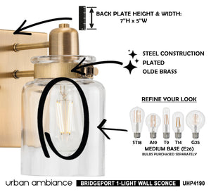 Vintage wall sconce with an Olde Brass finish and a height of 8.625'' - part of the unique Bridgeport Collection by Urban Ambiance.