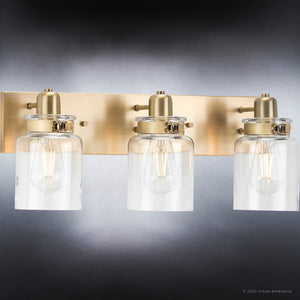 Three UHP4192 Vintage Bath Light 8.625''H x 21.625''W, Olde Brass Finish, Bridgeport Collection bathroom fixture with clear glass jars by Urban Ambiance