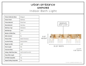 A gorgeous image of the UHP4193 Vintage Bath Light 8.625''H x 30.25''W from the Bridgeport Collection by Urban Ambiance, boasting luxurious appeal.