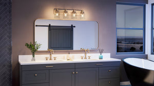 A luxury bathroom with a unique UHP4193 Vintage Bath Light 8.625''H x 30.25''W, Olde Brass Finish, Bridgeport Collection from Urban Ambiance tub