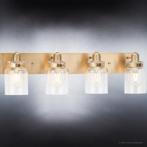 Four UHP4193 Vintage Bath Light 8.625''H x 30.25''W, Olde Brass Finish, Bridgeport Collection bathroom fixture with clear glass jars by Urban Ambiance