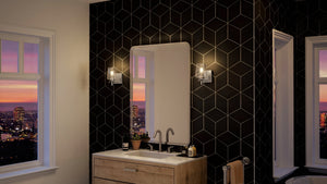 A beautiful bathroom with a view of the city featuring the Urban Ambiance UHP4200 New Traditional Wall Sconce 8.5''H x 5''W, Brushed Nickel Finish