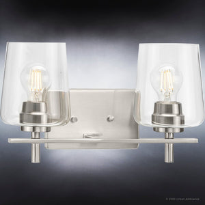 An UHP4201 New Traditional Bath Light 8.5''H x 14.625''W, Brushed Nickel Finish, Swan-Hill Collection by Urban Ambiance with two beautiful glass